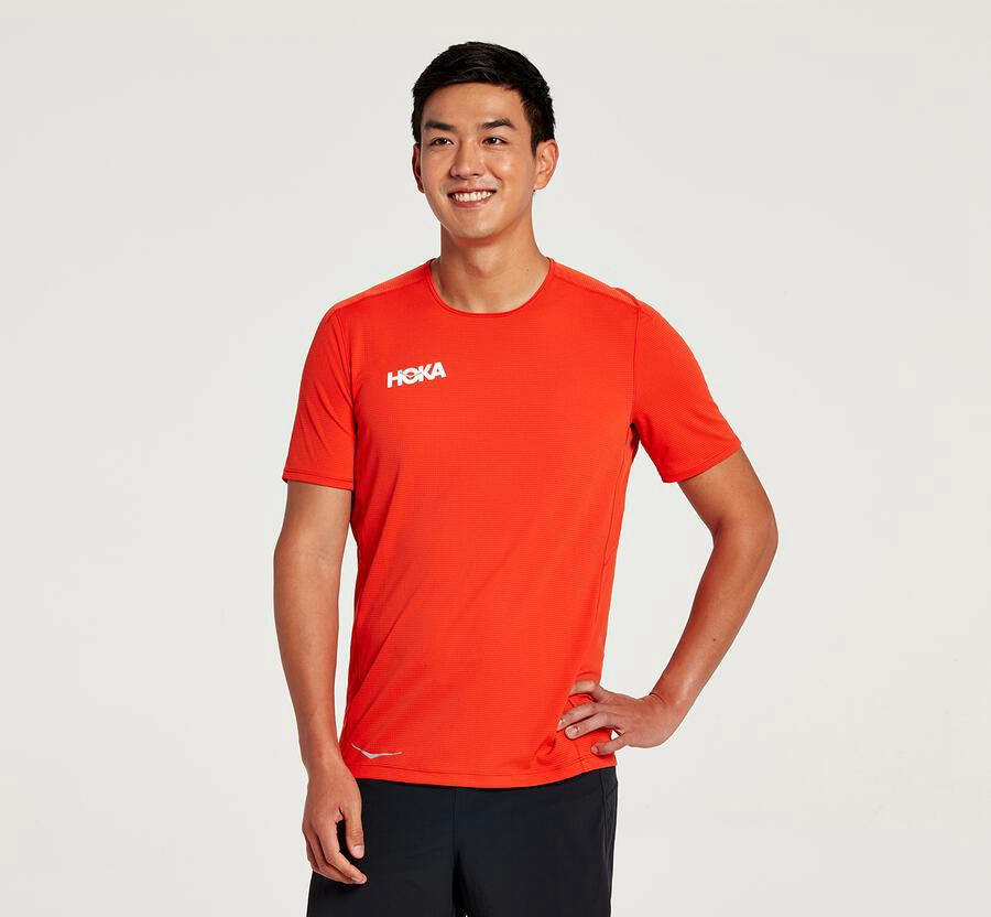 Hoka One One Top Panske Červené - Performance Short Sleeve - 12065-CJSZ